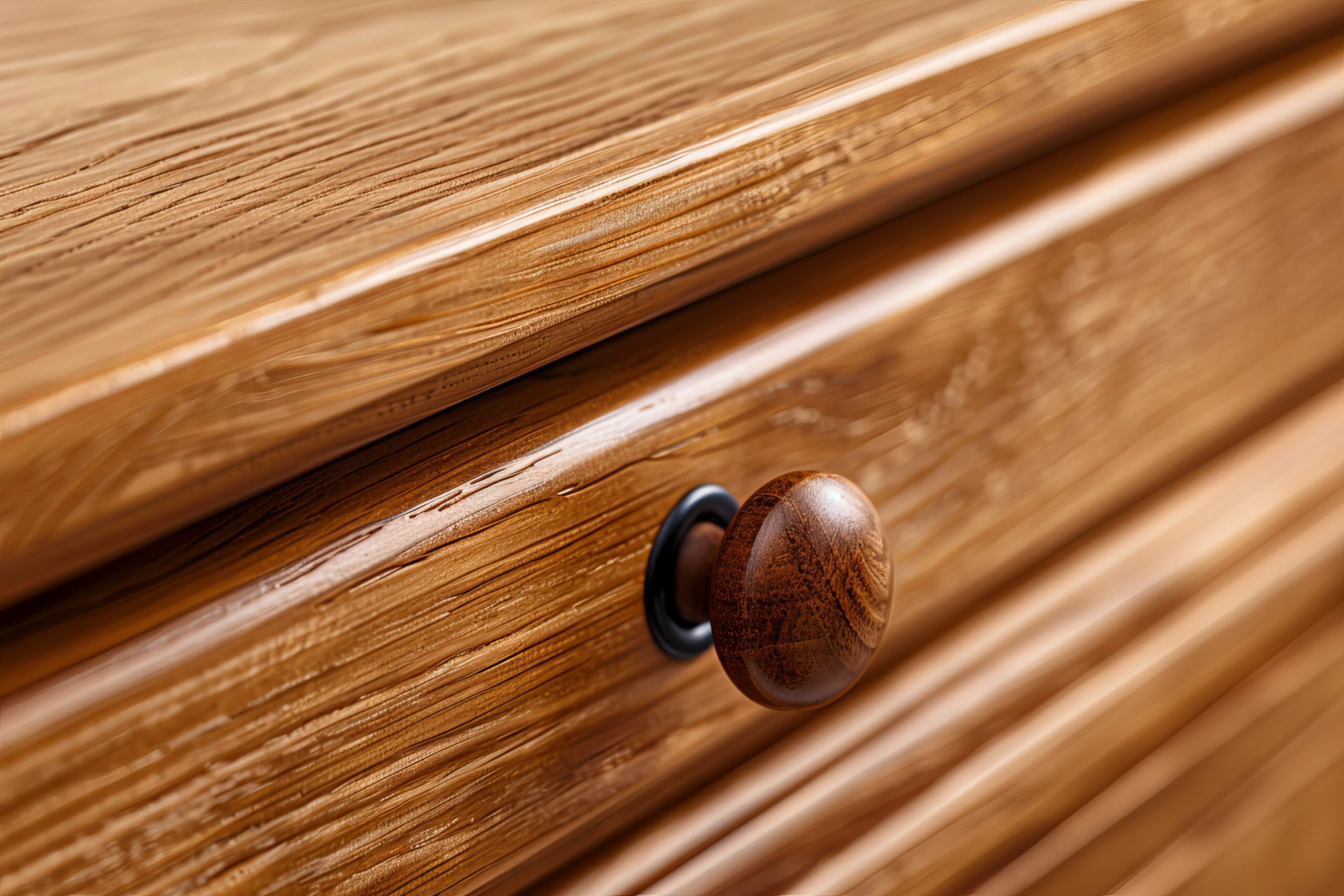 Close-up of a wooden drawer with a knob, showcasing detailed wood grain texture, excellent for furniture design and home decor concepts. Handles that are crafted from reclaimed wood or recycled metals kitchen hardware.