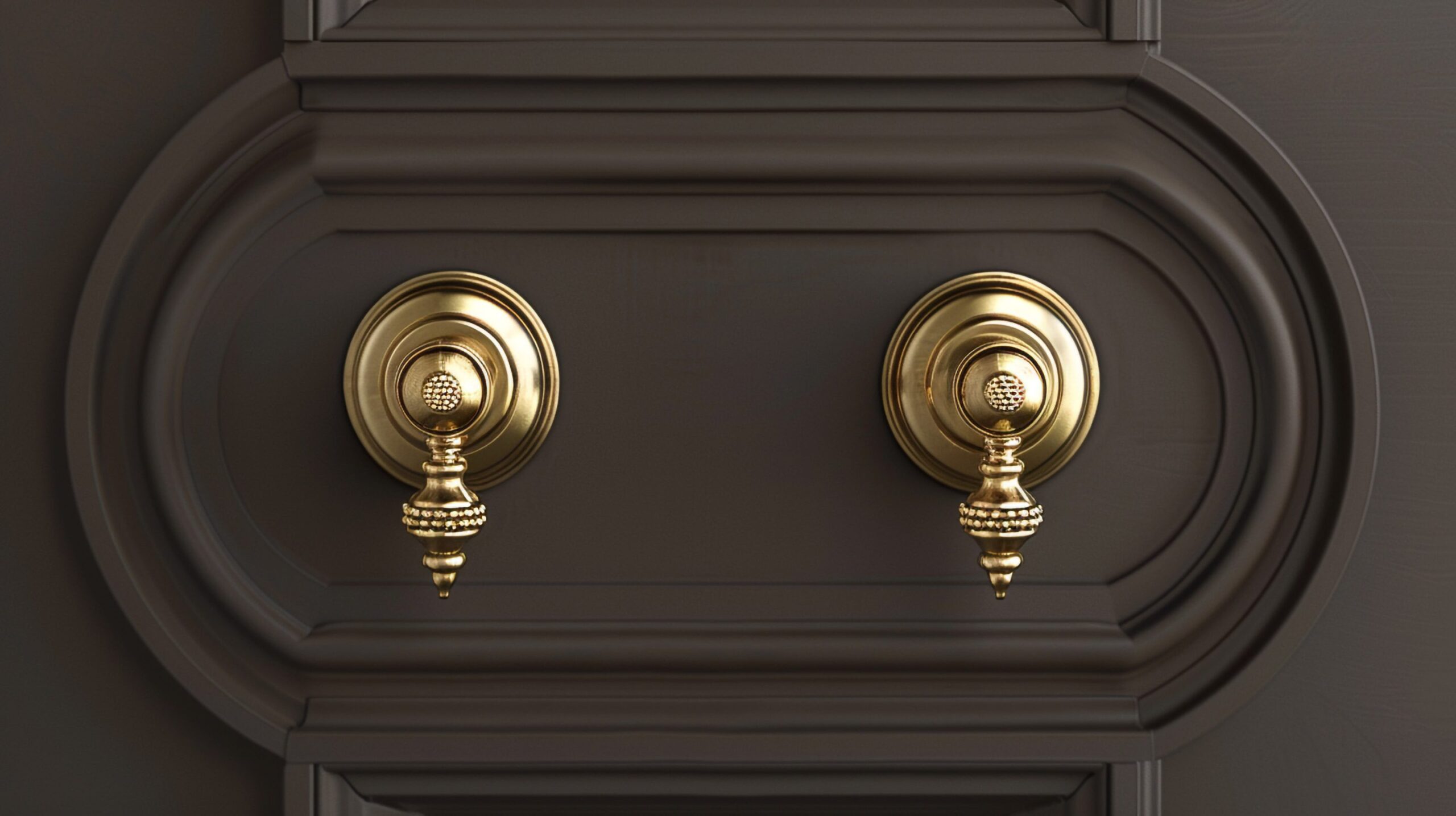 Art Deco - geometric patterns, intricate details, and opulent gold finish kitchen hardware.