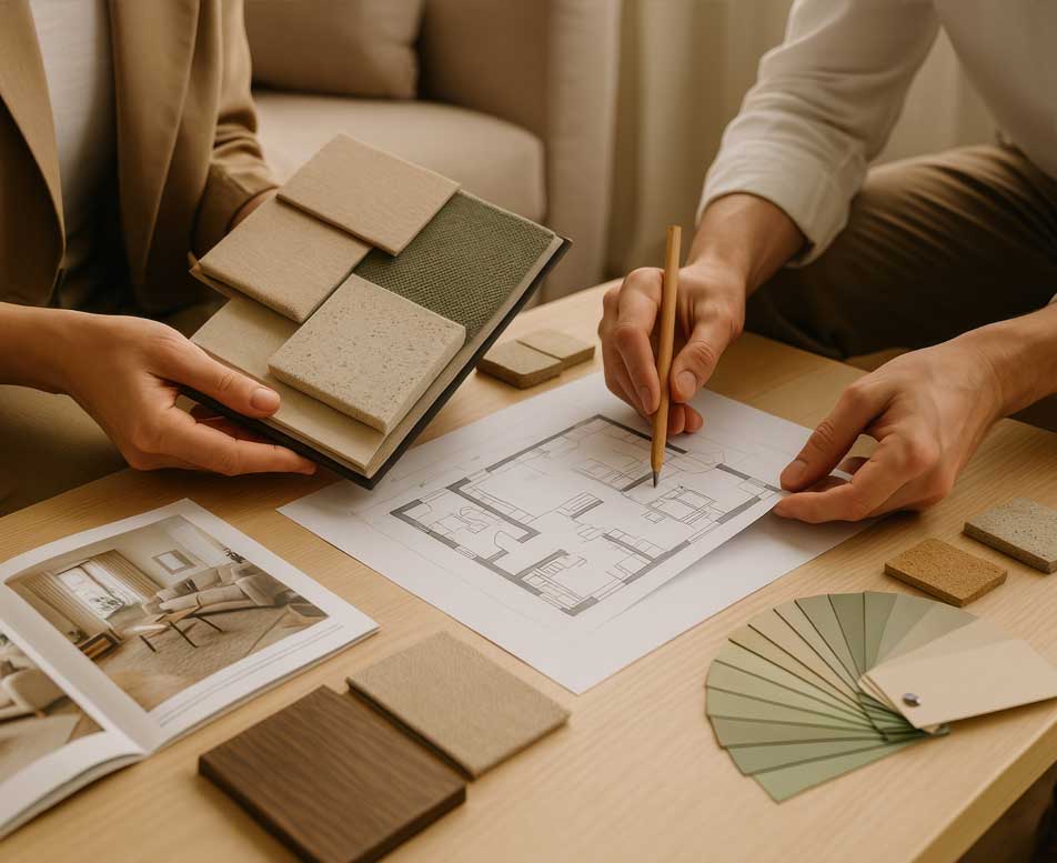 Two people meeting to collaborate on design, objectives, timelines and cost for a home addition project in Utah